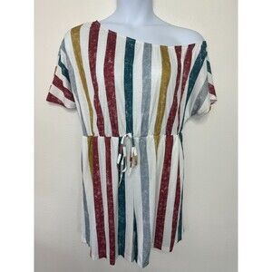 Bloomchic Size 14-16 Rainbow Striped Romper One Shoulder Drawstring Waist NWT